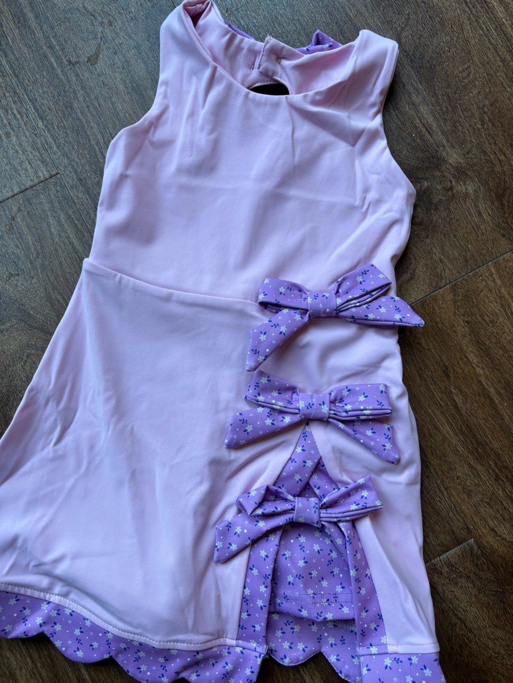 Pink & Purple Bow Accent Athletic Dress with Attached Shorts
